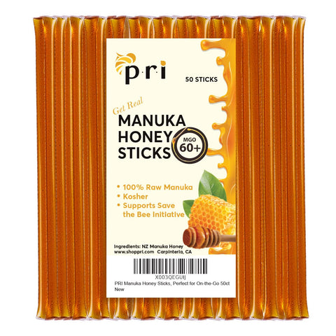 PRI Manuka Honey Sticks, Certified MGO 60+, Raw New Zealand Manuka Honey, Perfect for On-the-Go, 50 count